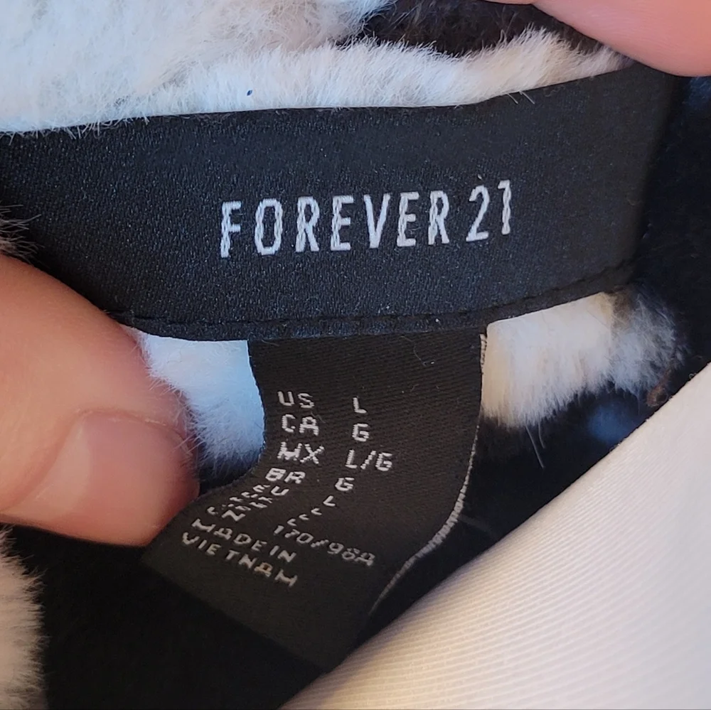 Forever 21 Faux Fur Black White Checkered Half Zip Pullover Hoodie Sweater